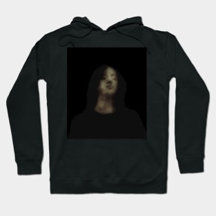 Beautiful girl, with closed eyes. Dark but beautiful. Desaturated, green, brown. Hoodie